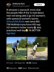Screenshot from Kim's latest post on X directed at McBride / @AnthonyKim_Golf on X
